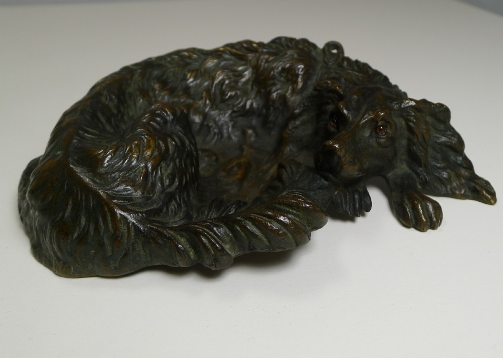 Charming Antique Bronze Vide Poche / Dish - Dog With Glass Eyes View II