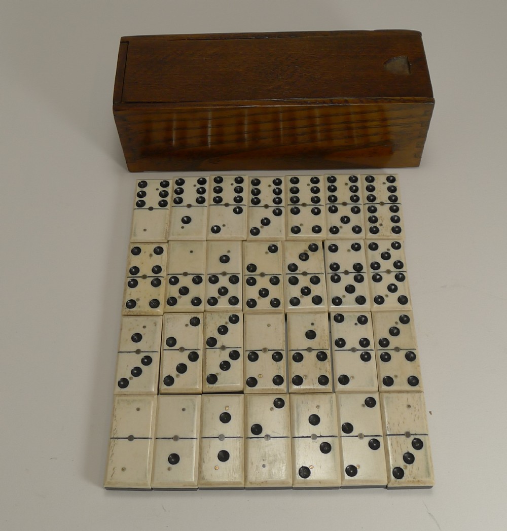 Antique English Boxed Set Bone & Ebony Wood Dominoes c.1900