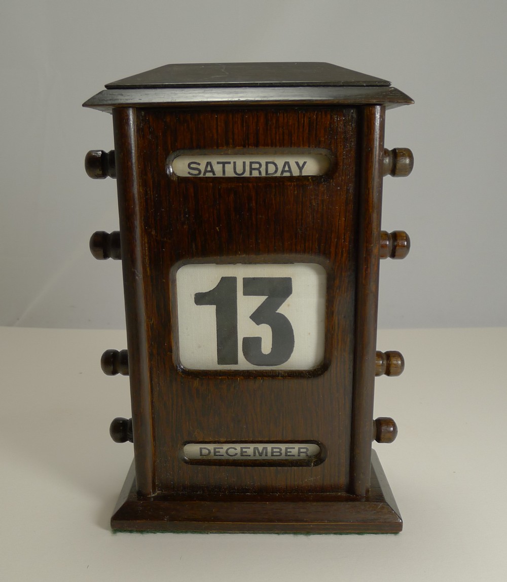 Antique English Oak Perpetual Desk Calendar c.1900 - Signed by Retailer