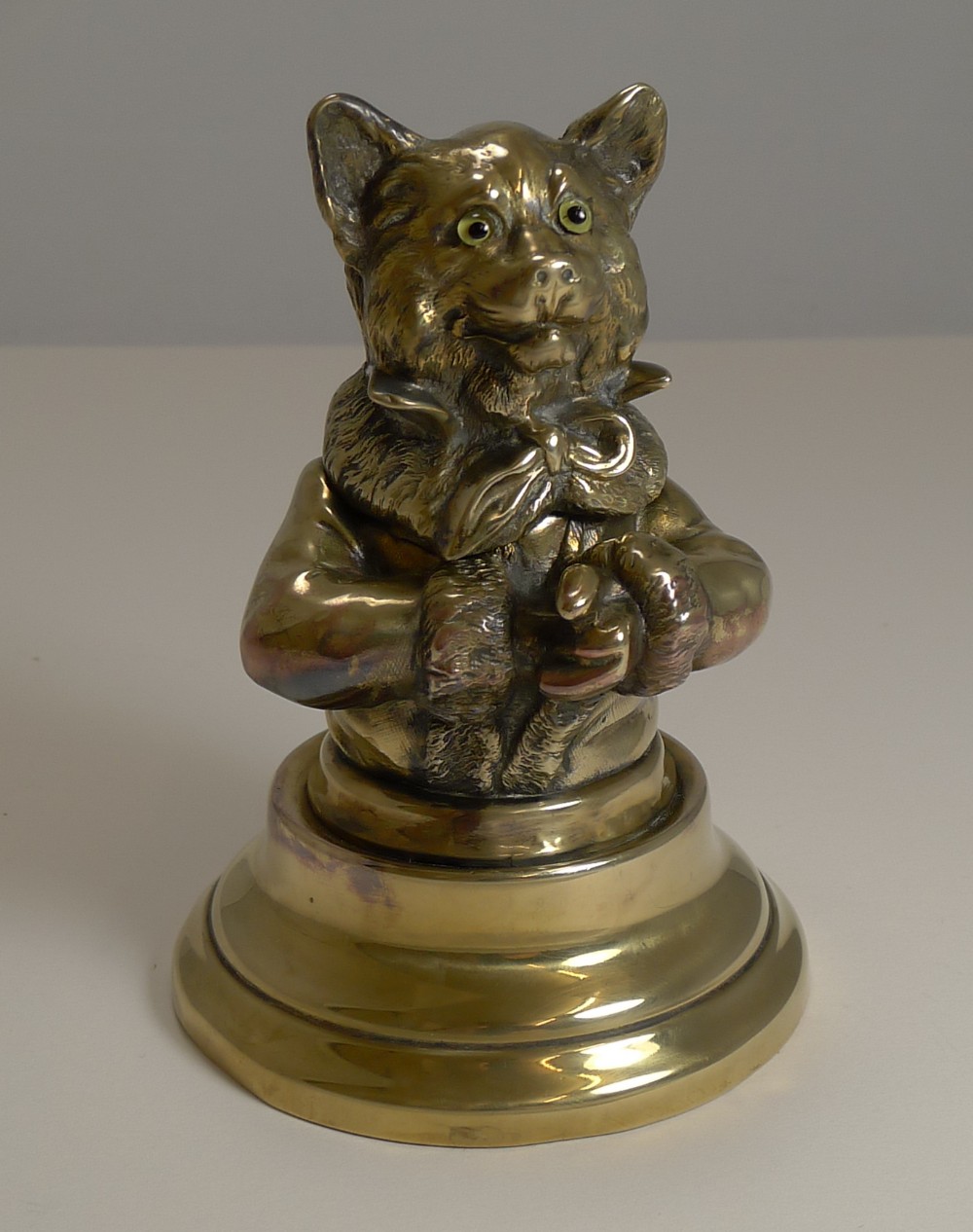 Stunning Antique English Brass Novelty Inkwell - Cat c.1880