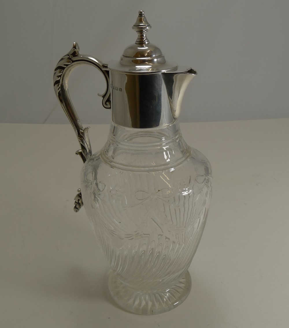 Antique English Cut Crystal and Sterling Silver Claret Jug by Elkington & Co.