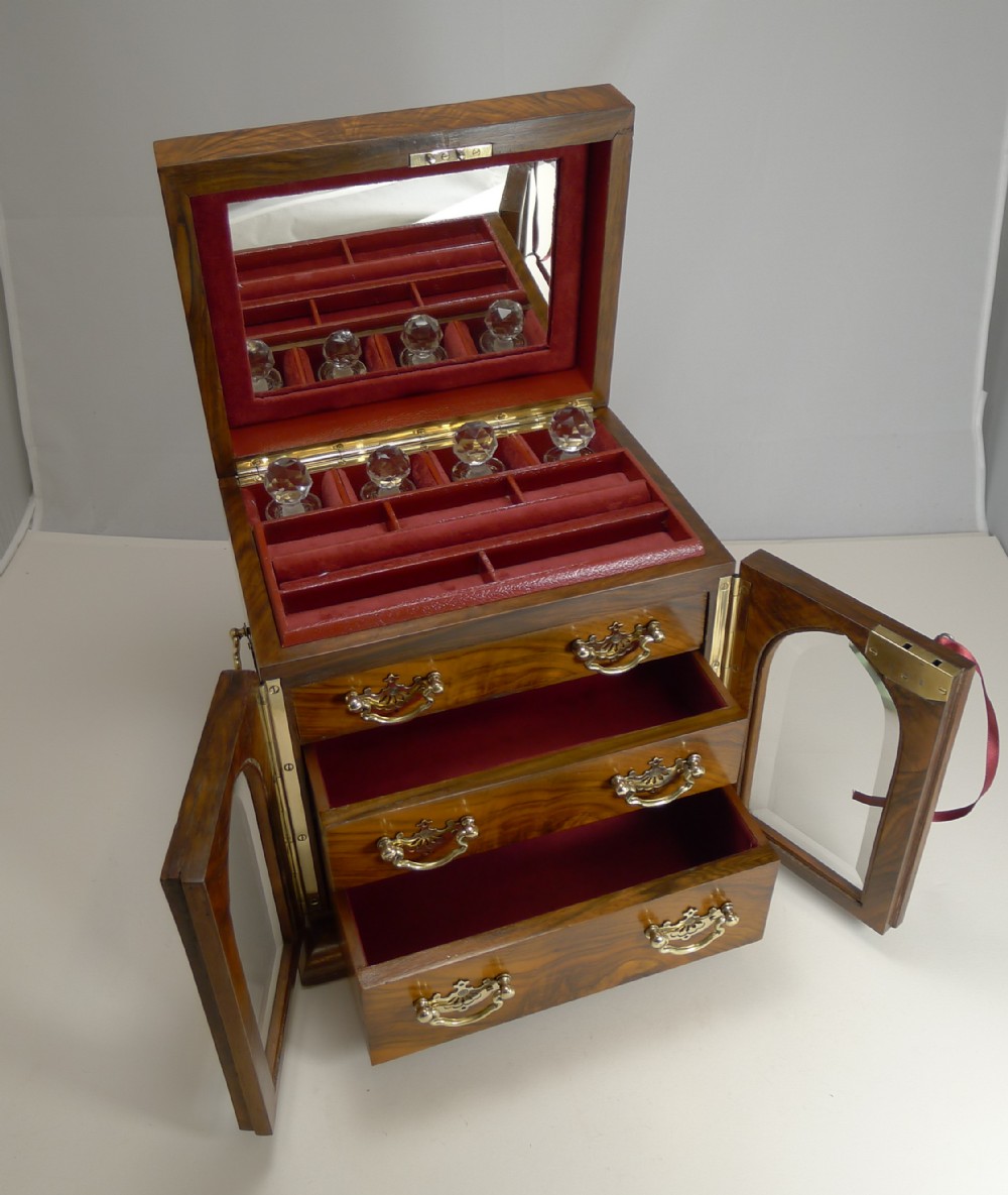 Fine Large Antique English Jewellery Box With Cut Crystal Perfume Bottles c.1900