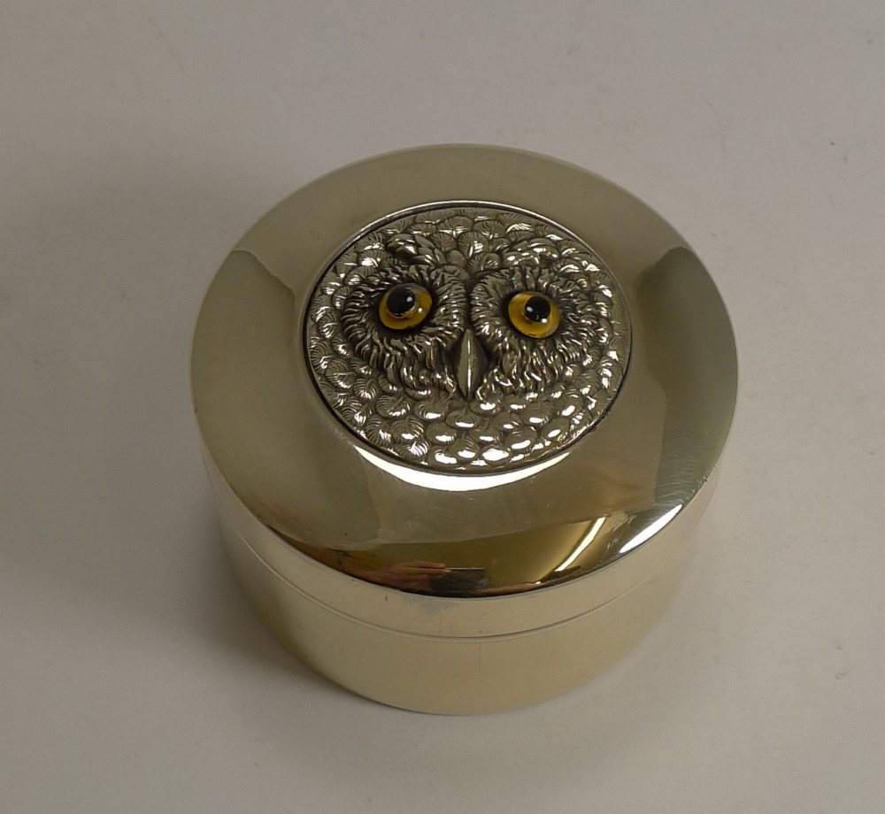 Antique English Brass Box - Owl With Glass Eyes c.1900