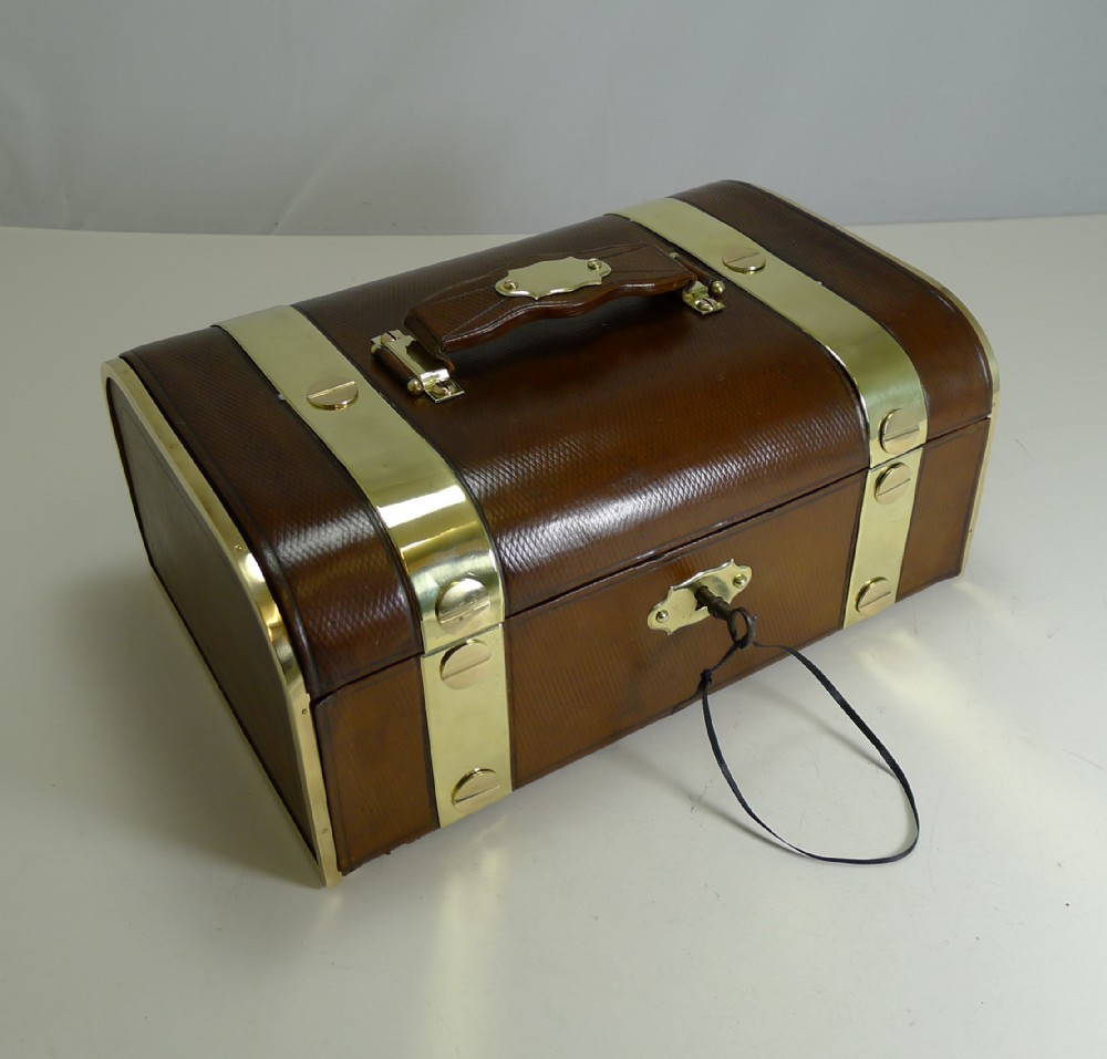 Fine Large Antique French Leather and Brass Jewellery Box c.1890