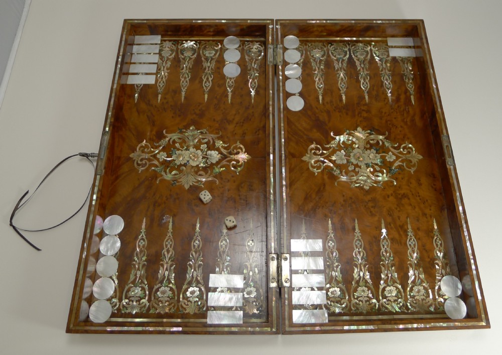  Exquisite English Mother of Pearl Inlaid Amboyna Backgammon Board c.1890