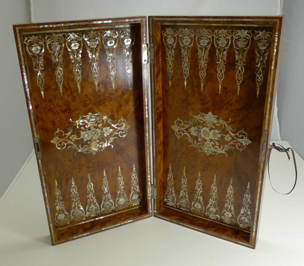  Exquisite English Mother of Pearl Inlaid Amboyna Backgammon Board c.1890 View II