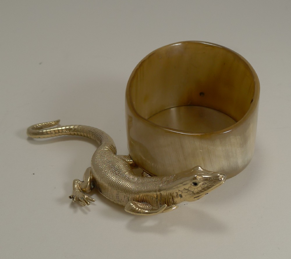 Antique English Horn & Gold Plated Novelty Desk Tidy - Lizard With Glass Eyes c.1880