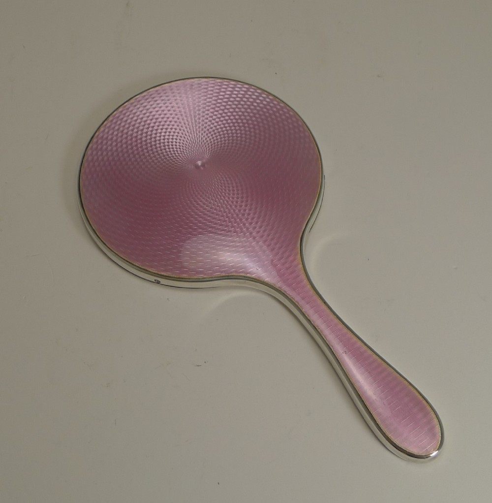 Pretty Pink Guilloche Enamel and English Sterling Silver Hand Mirror - 1928