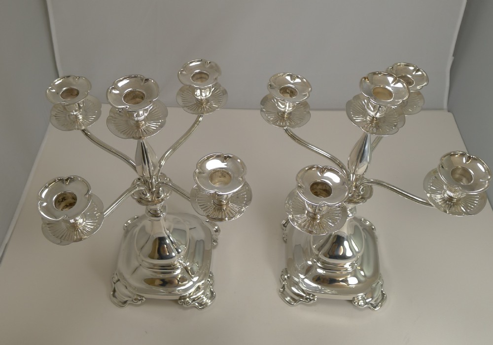 Rare Pair Antique Tiffany Silver Plated Five Light Candelabra c.1910 View III