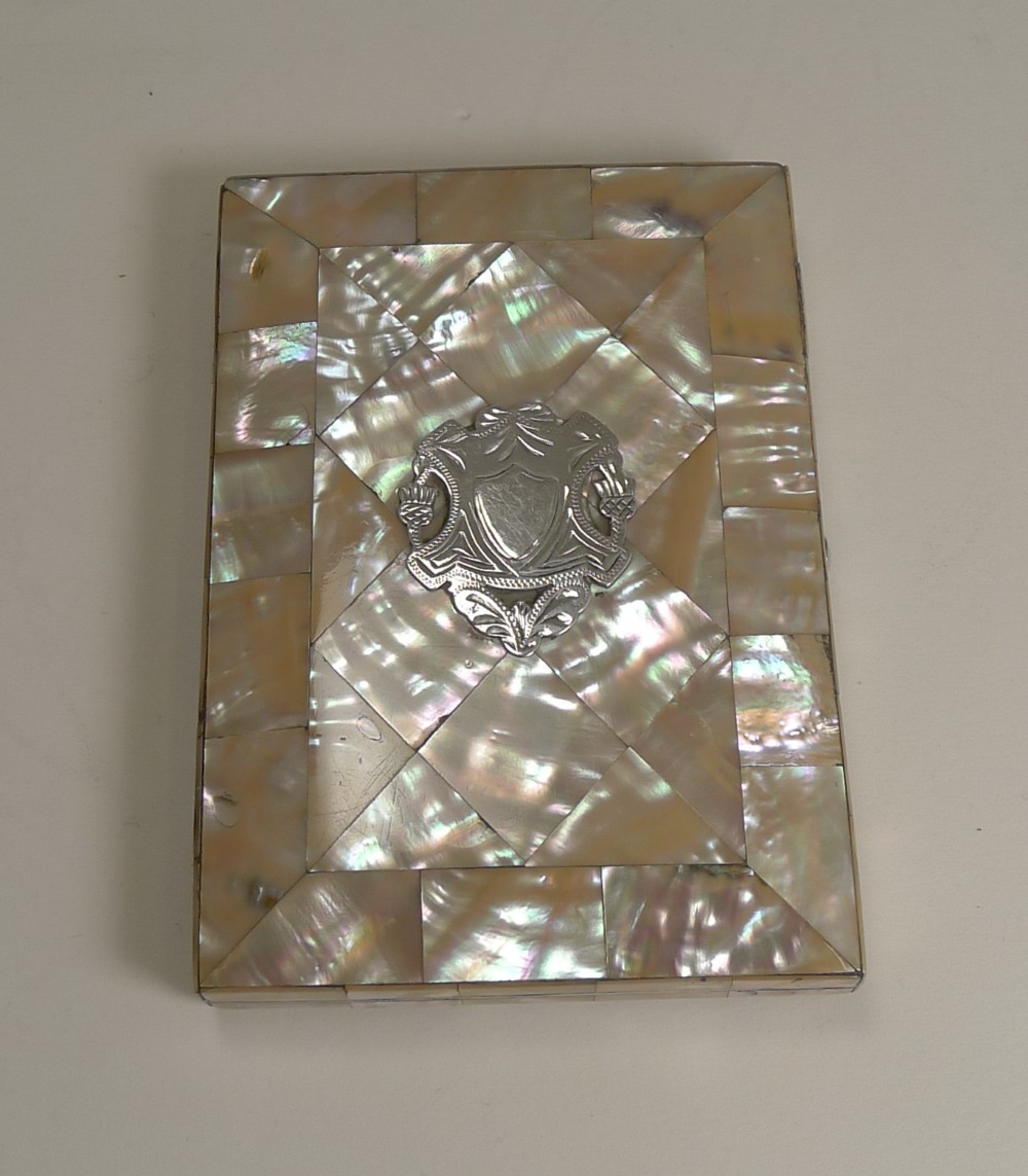 Antique English Silver Mounted Mother of Pearl Card Case c.1860