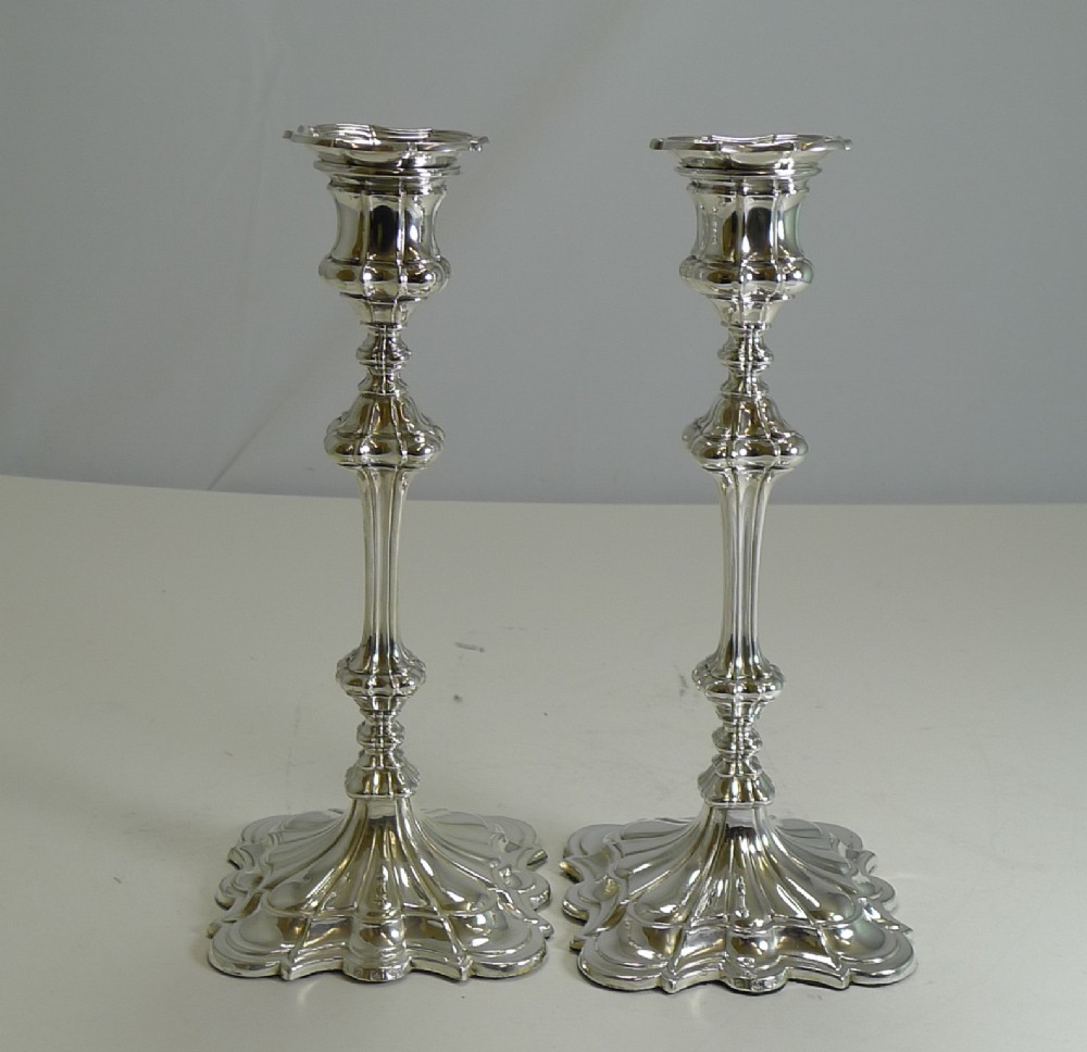 Smart Pair Antique English Silver Plate Candlesticks by Elkington & Co. - 1845