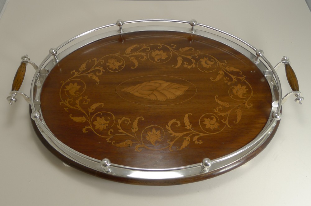 Magnificent Antique English Inlaid Oak Serving Tray With Silver Plated Fittings c.1900