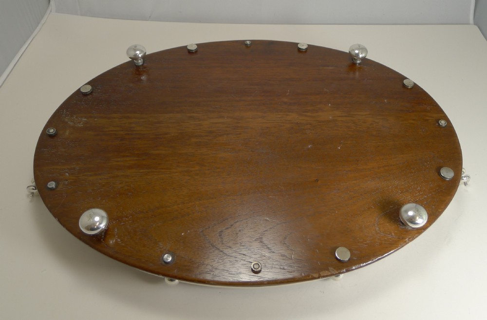 Magnificent Antique English Inlaid Oak Serving Tray With Silver Plated Fittings c.1900 View V