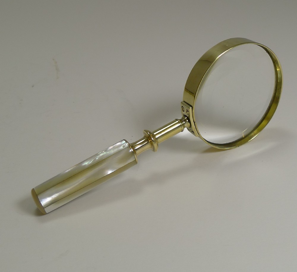 Fine Quality Antique English Brass and Mother of Pearl Magnifying Glass c.1890