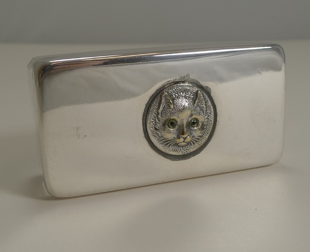 Small Antique English Crystal Box - Cat With Glass Eyes c.1900
