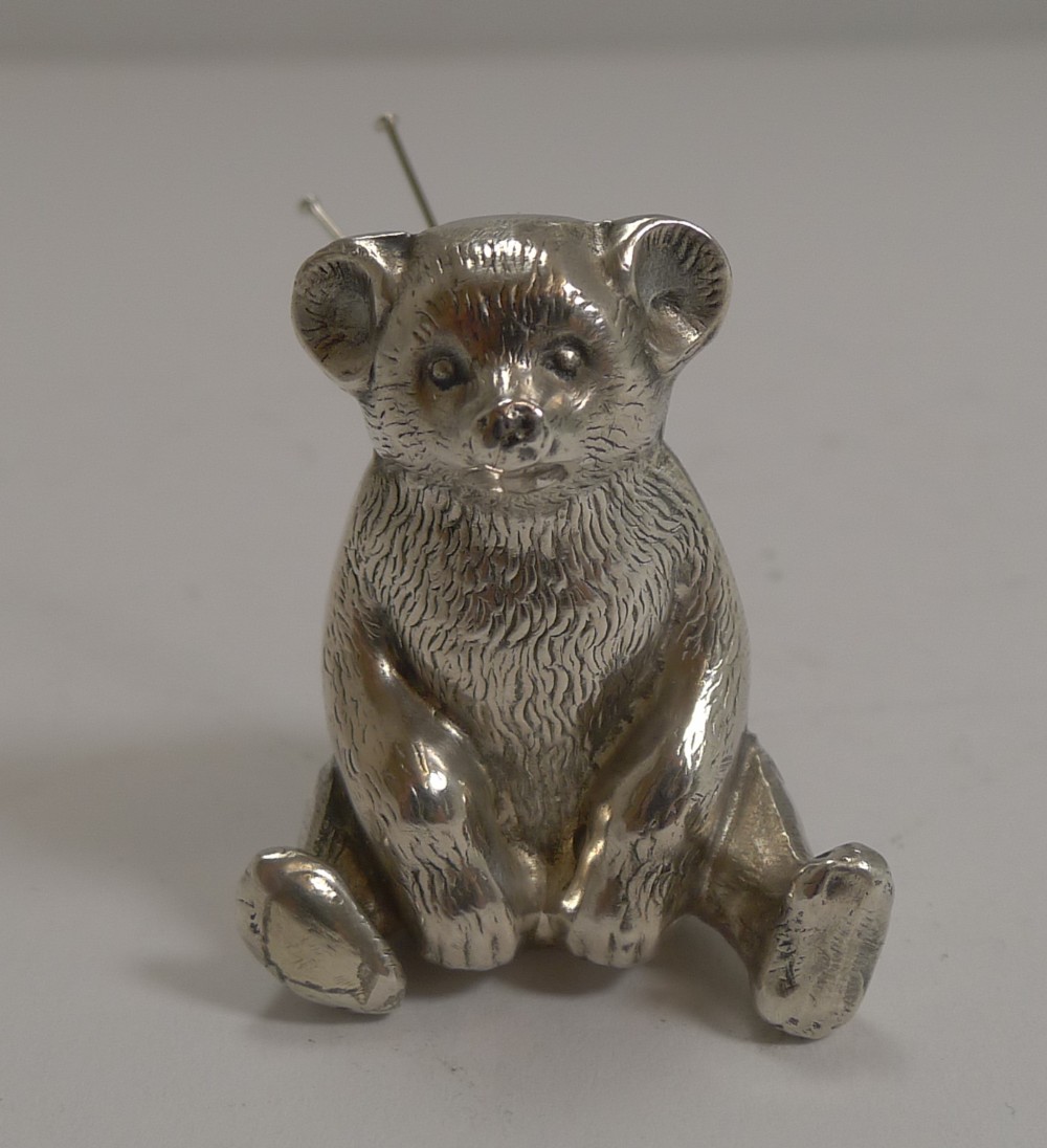 Antique English Novelty Pin Cushion In Sterling Silver - Teddy Bear - 1909