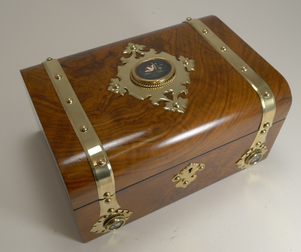 Antique English Burl Walnut Jewellery Box - Brass & Pietra Dura Mounted c.1860