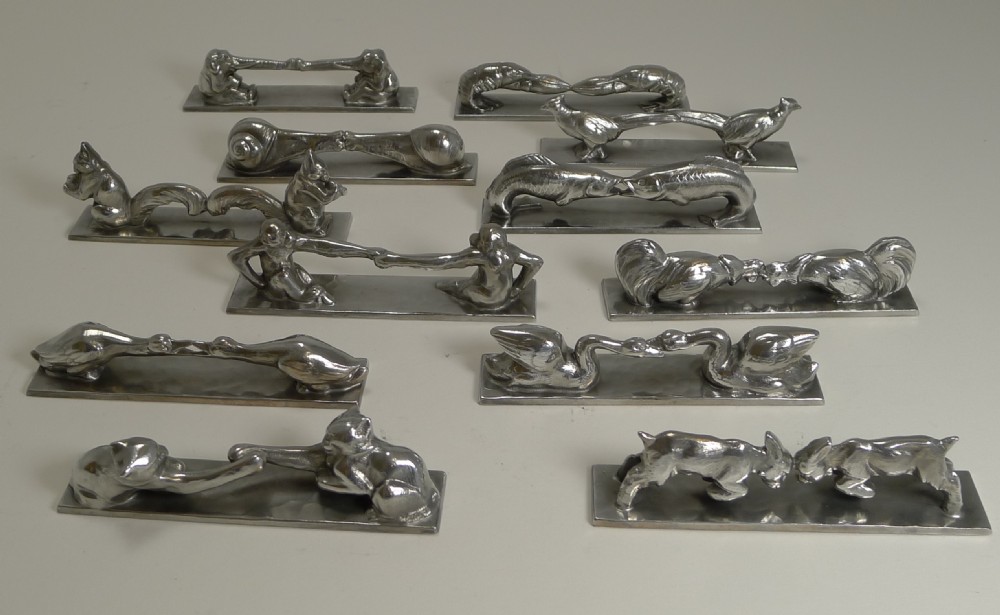 Complete Set 12 Art Deco Knife Rests - French - Signed - Animals