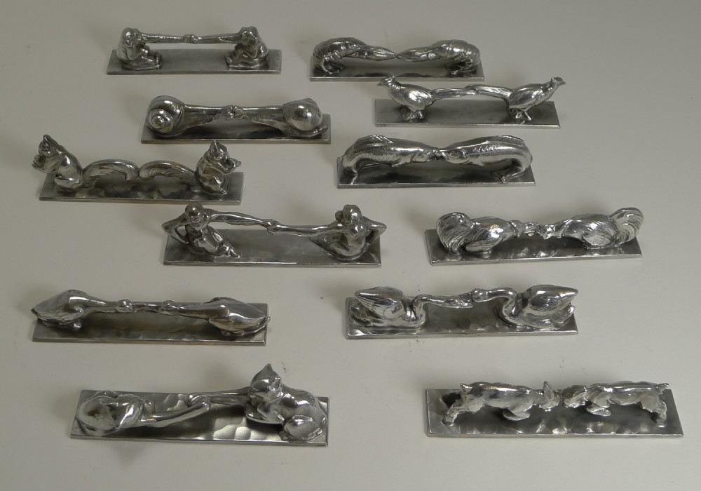 Complete Set 12 Art Deco Knife Rests - French - Signed - Animals View IV