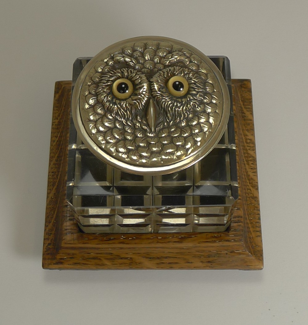Antique English Novelty Cut Crystal and Brass Inkwell c.1890 - Owl