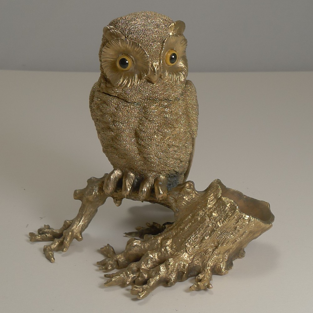 Finest Antique English Gilded Bronze Novelty Inkwell - Owl With Glass Eyes, c.1890