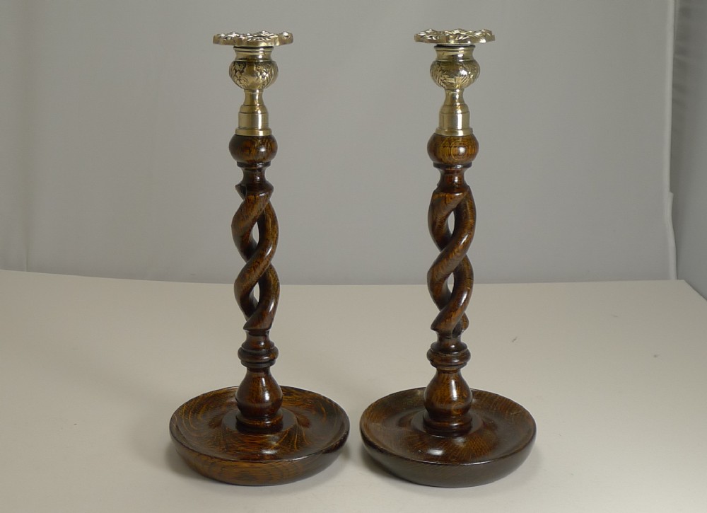 Pair Antique English Oak Open Barley Twist Candlesticks - Brass Thistle Tops