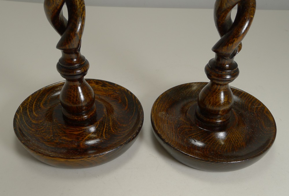 Pair Antique English Oak Open Barley Twist Candlesticks - Brass Thistle Tops View III