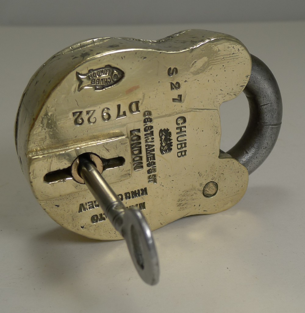 Large Antique English Brass and Steel Padlock by Chubb, London c.1880