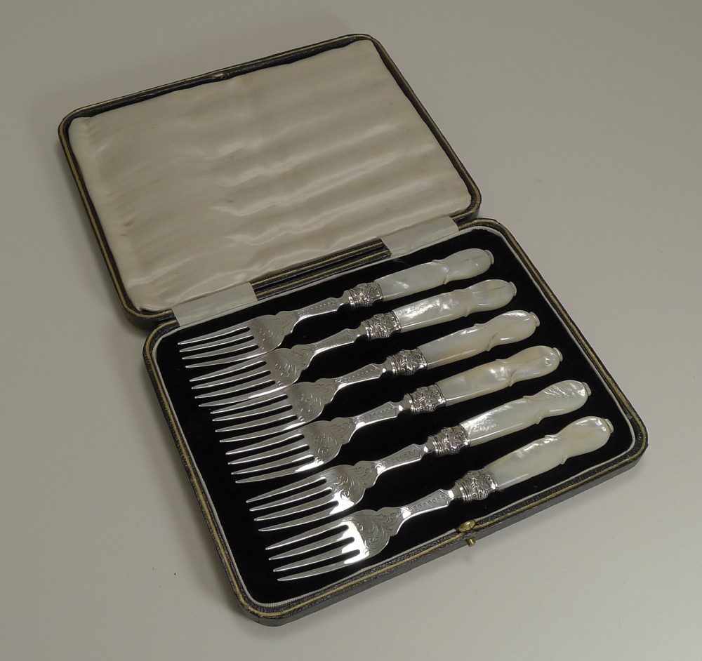 Antique English Sterling Silver & Mother of Pearl Cake or Desert Forks - 1873