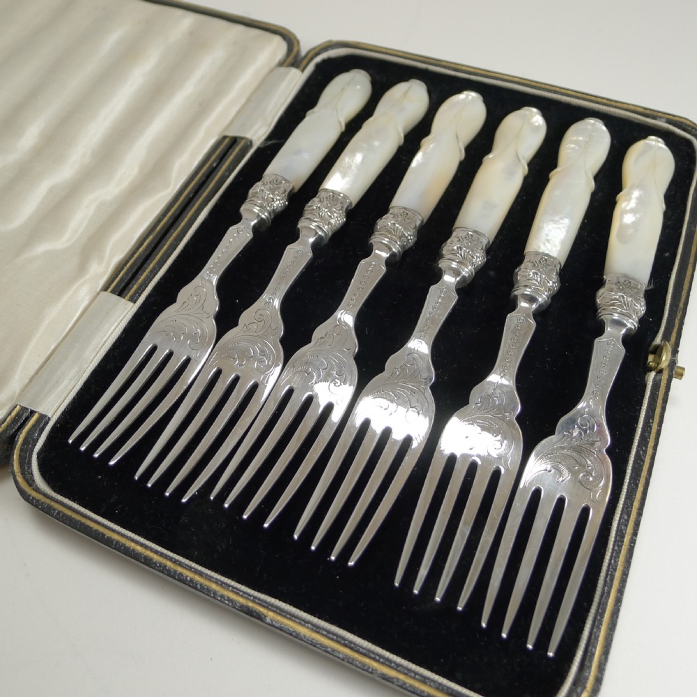 Antique English Sterling Silver & Mother of Pearl Cake or Desert Forks - 1873 View IV