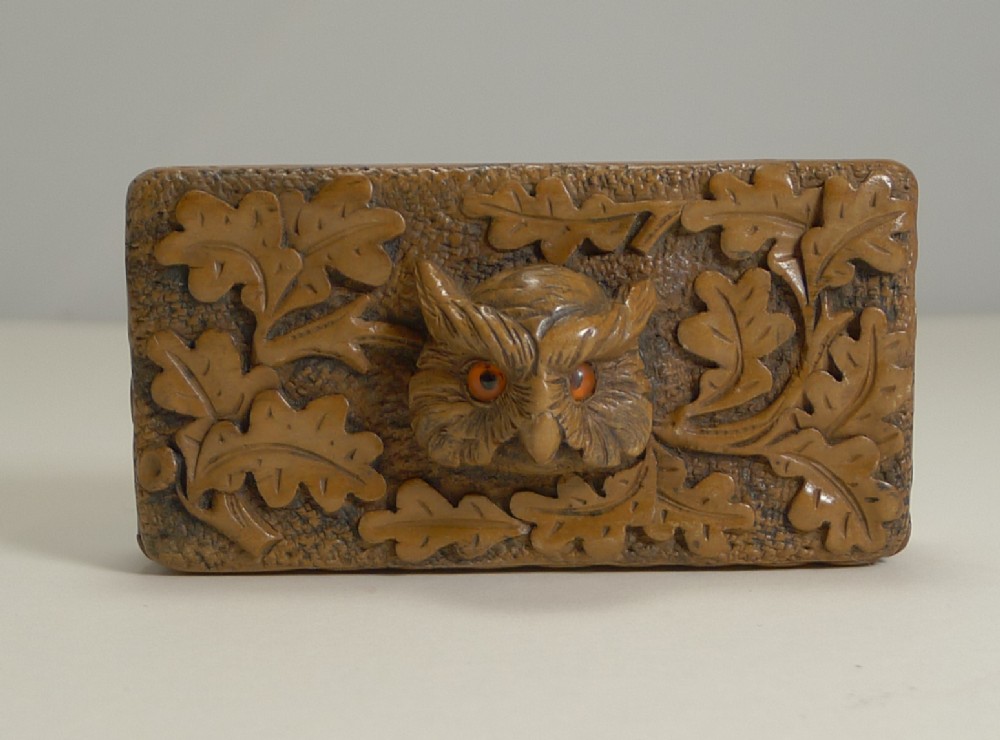 Antique Carved Black Forest Triple Postage Stamp Box - Owl - Glass Eyes