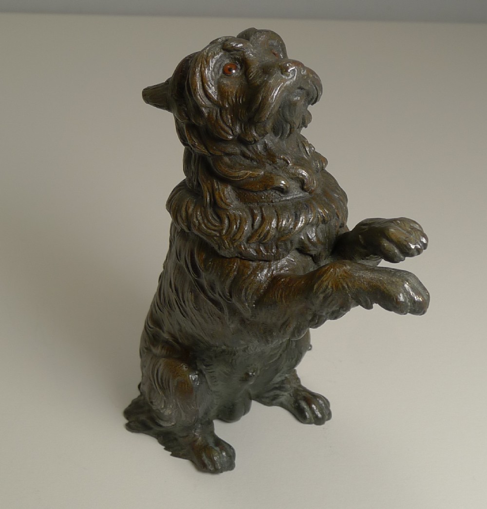 Antique English Bronze Figural Inkwell - Begging Dog With Glass Eyes c.1890
