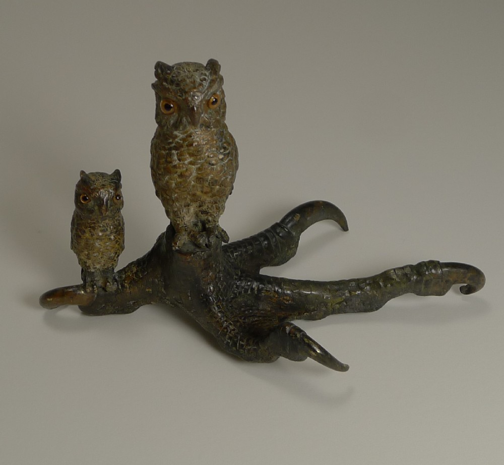 Antique Vienna Bronze Owls c.1900 - Glass Eyes