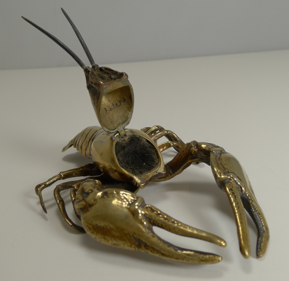 Rare Antique English Pen Nib Wipe In Cast Brass - Lobster c.1880 View V