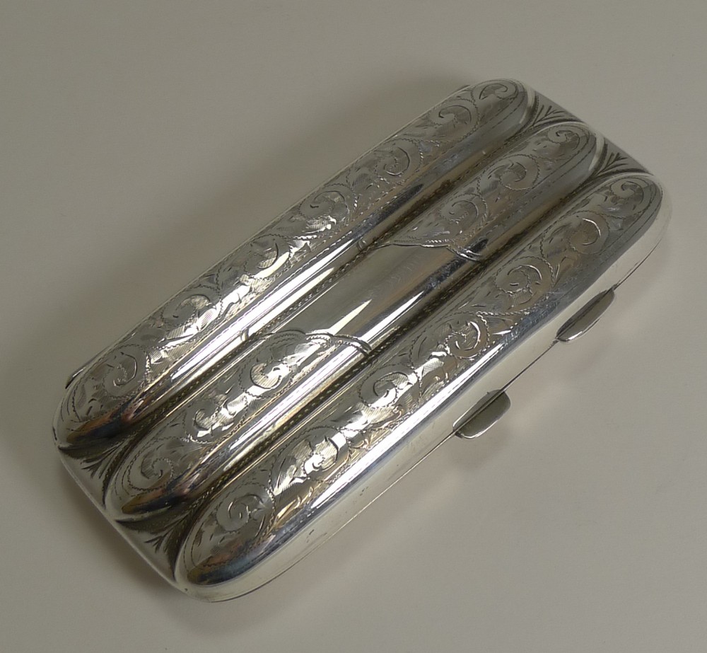 Antique English Engraved Sterling Silver Three Finger Cigar Case - 1918