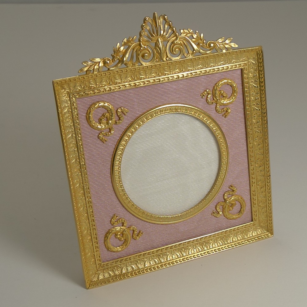 Pretty Antique French Gilded Bronze Picture Frame - Pink Taffeta