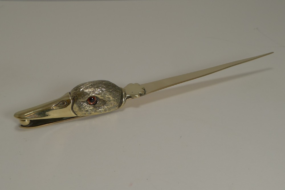 Unusual Antique Polished Brass Novelty Letter Opener - Duck With Glass Eyes, c.1900
