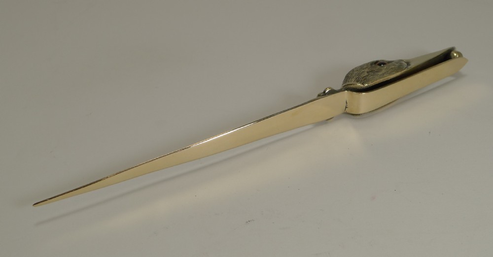 Unusual Antique Polished Brass Novelty Letter Opener - Duck With Glass Eyes, c.1900 View V