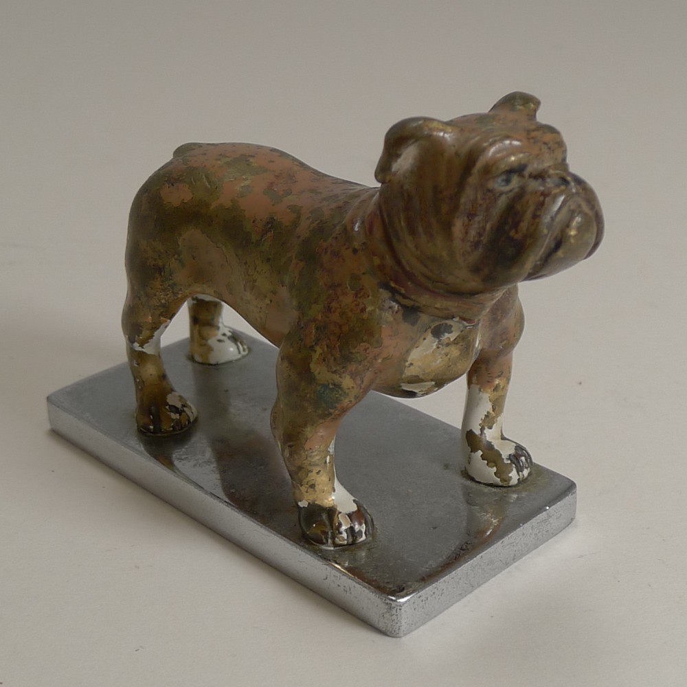 A cold-painted bronze boxer dog figurine with visible paint wear, mounted on a polished rectangular metal base.