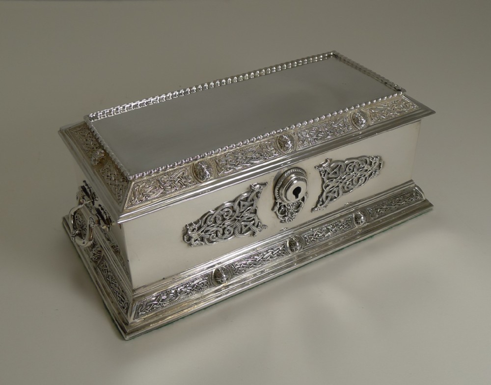 Magnificent Large English Sterling Silver Jewellery Box by Elkington & Co. - Celtic Design