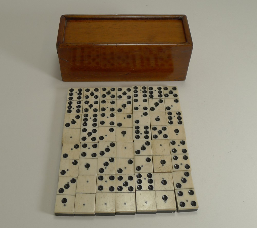 Antique Boxed Set English Bone and Ebony Dominoes c.1910