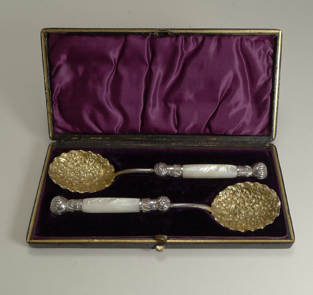 Exquisite Cased Pair Antique English Serving Spoons - Reg. for 1885