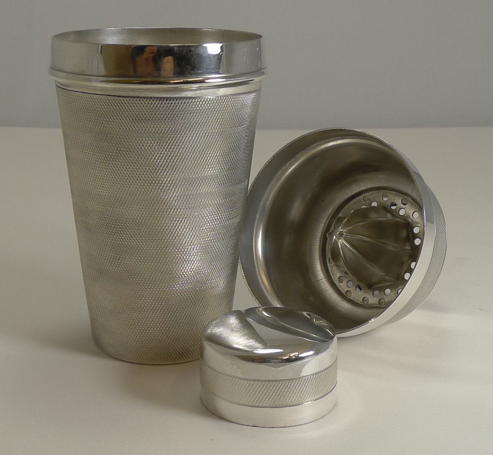 Unusual English Art Deco Engine Turned Cocktail Shaker c.1930 - Lemon Squeezer