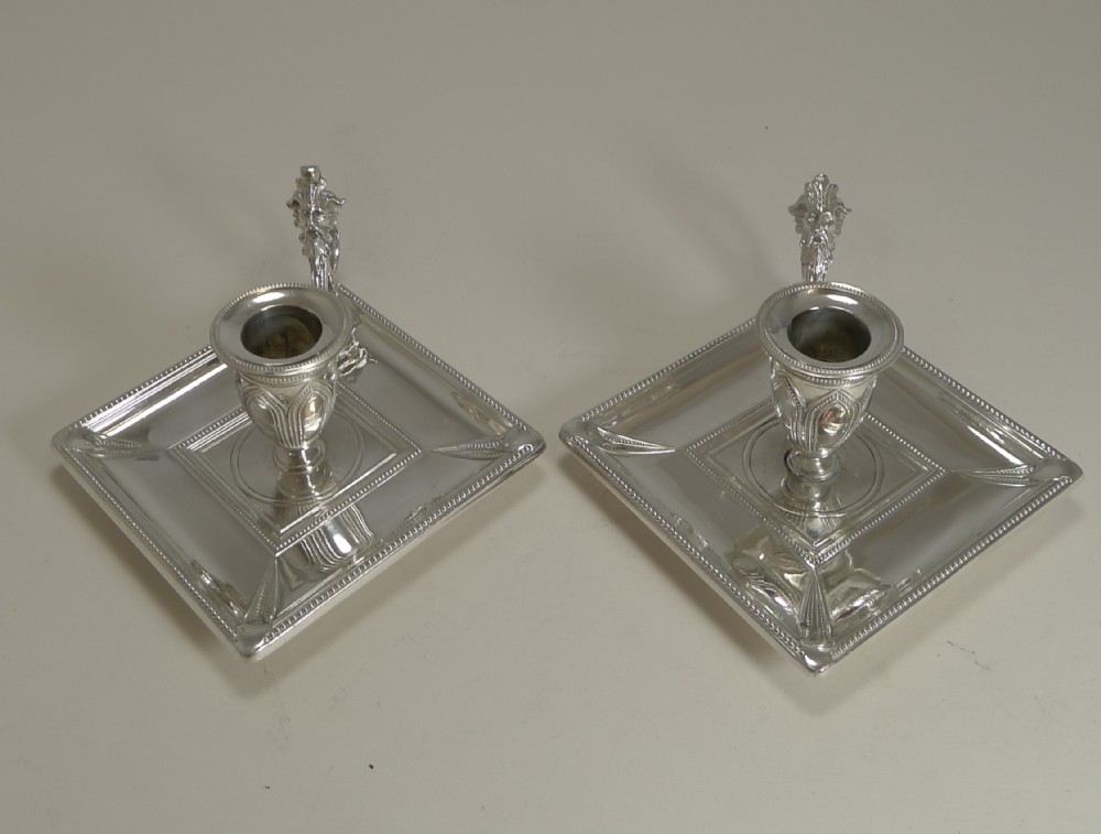Unusual Pair Antique English Silver Plate Chamber Sticks by James Dixon and Sons