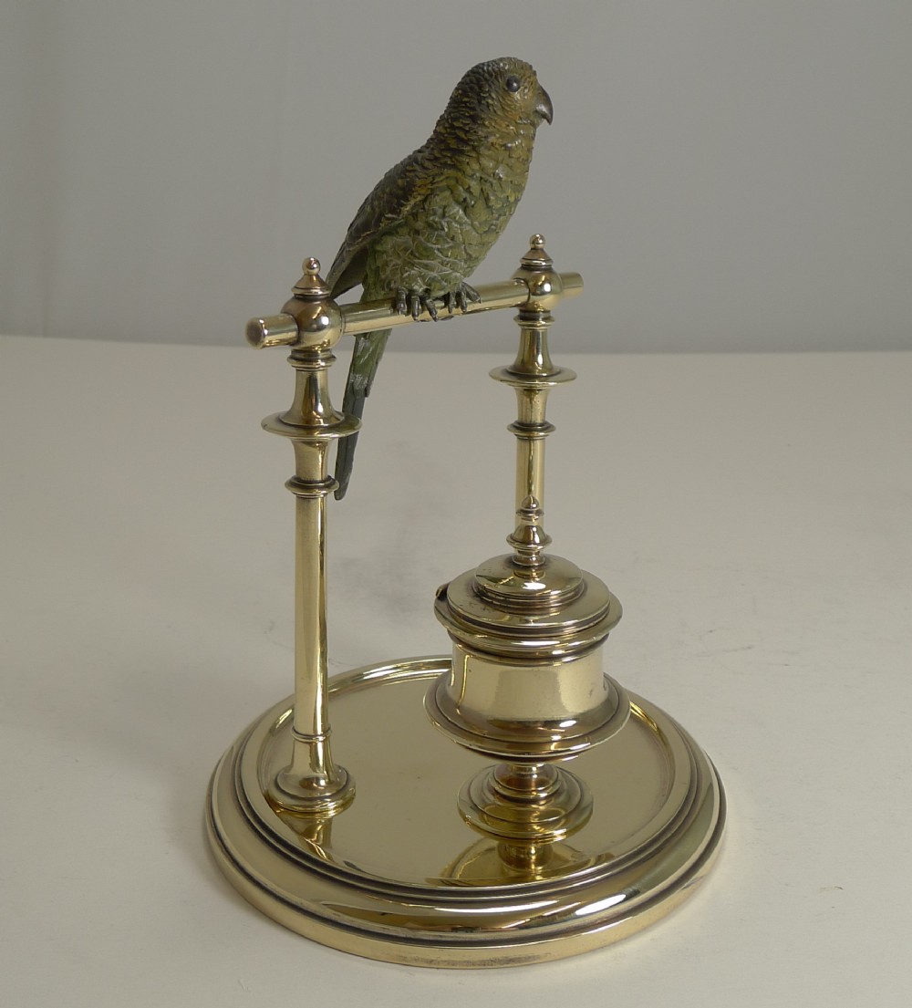 Antique Novelty Cold Painted Bronze Budgerigar Inkwell 