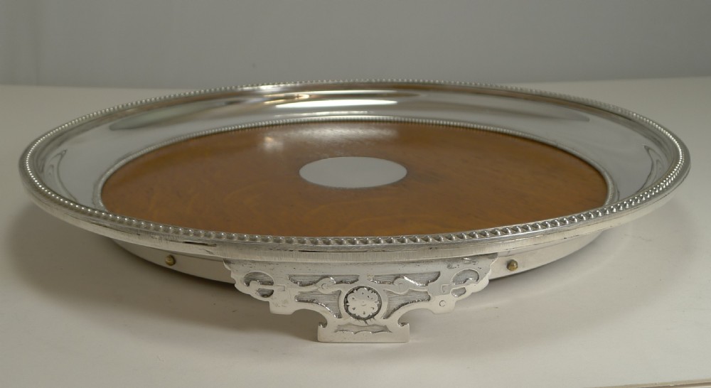 Antique English Circular Silver Plate and Oak Serving Tray - Registered 1871 View III