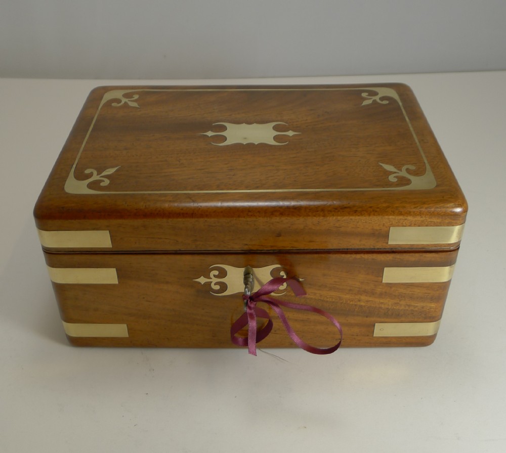 Fine Antique English Brass Inlaid Campaign Style Jewelry Box c.1860