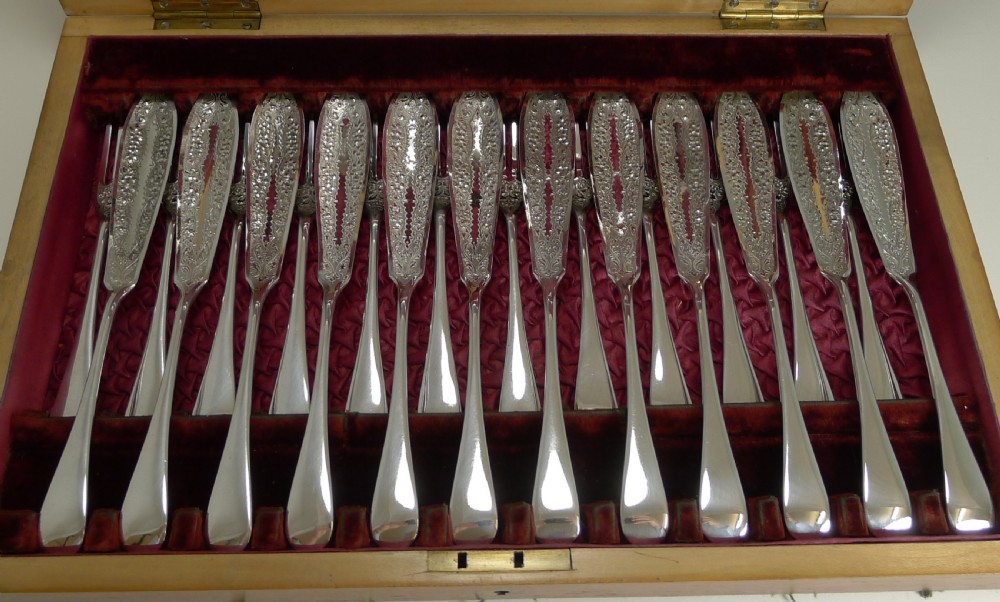 Antique English Fish Knives and Forks Plus Servers c.1900 In Silver Plate View II