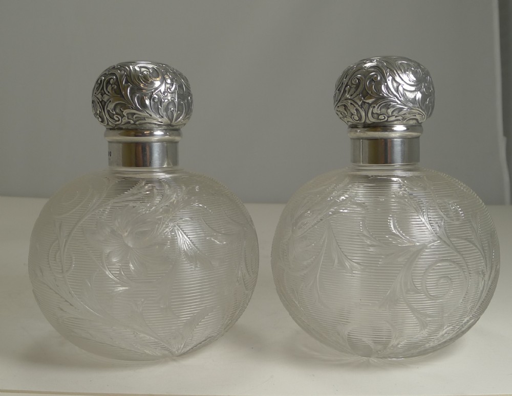 Finest Pair Antique English Silver Topped Perfume Bottles by Asprey, London