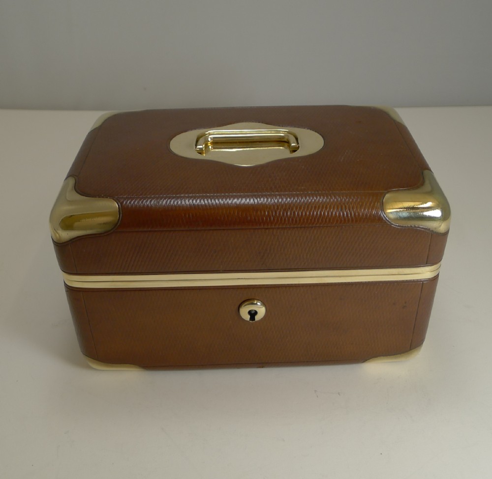 Fine Antique French Leather and Brass Jewellery Box c.1890 - Signed M.G Paris